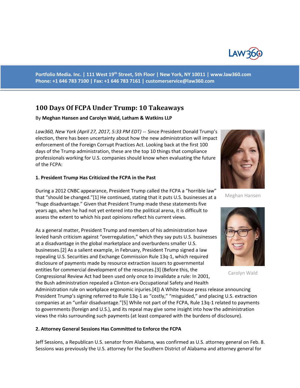 100 Days of FCPA Under Trump: 10 Takeaways by Meghan Hansen and Carolyn Wald, Latham & Watkins LLP