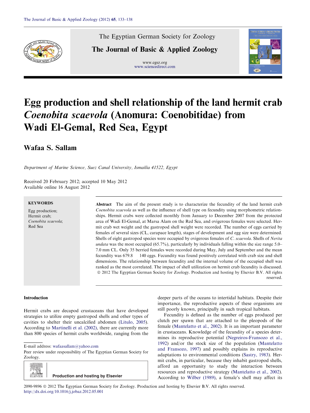 Egg Production and Shell Relationship of the Land Hermit Crab Coenobita Scaevola (Anomura: Coenobitidae) from Wadi El-Gemal, Red Sea, Egypt