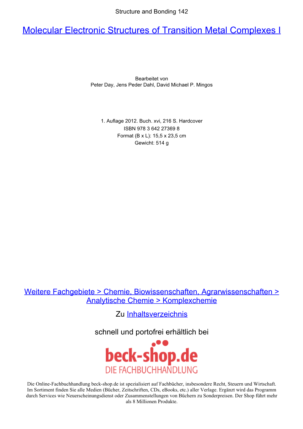 Molecular Electronic Structures of Transition Metal Complexes I