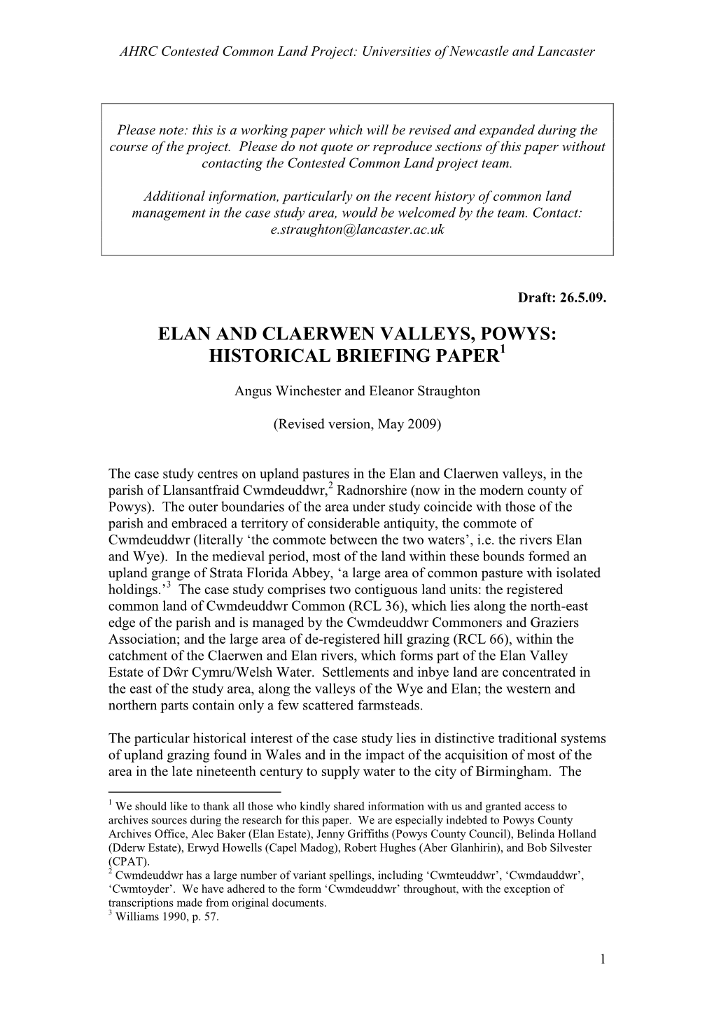 Elan and Claerwen Valleys, Powys: Historical Briefing Paper1