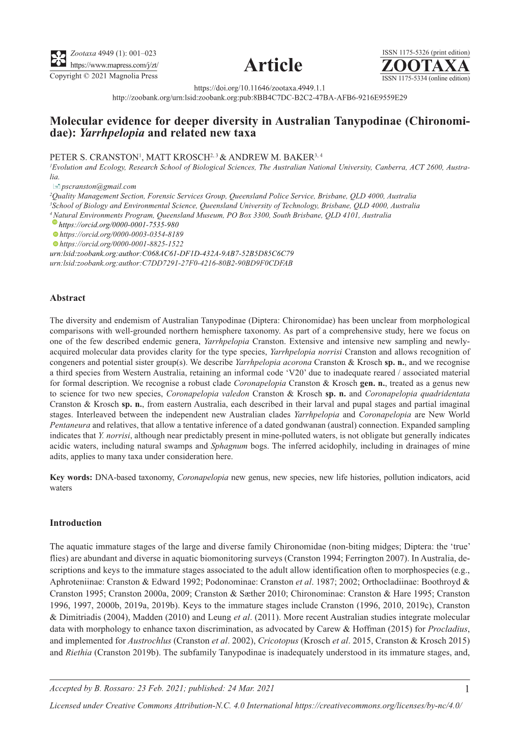 Molecular Evidence for Deeper Diversity in Australian Tanypodinae (Chironomi- Dae): Yarrhpelopia and Related New Taxa