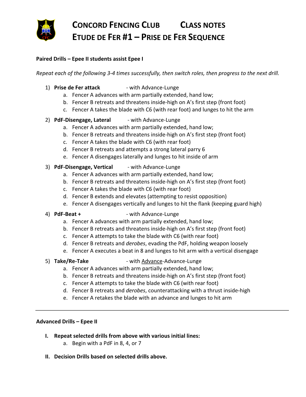 Concord Fencing Club Class Notes Etude De Fer #1 – Prise De Fer Sequence