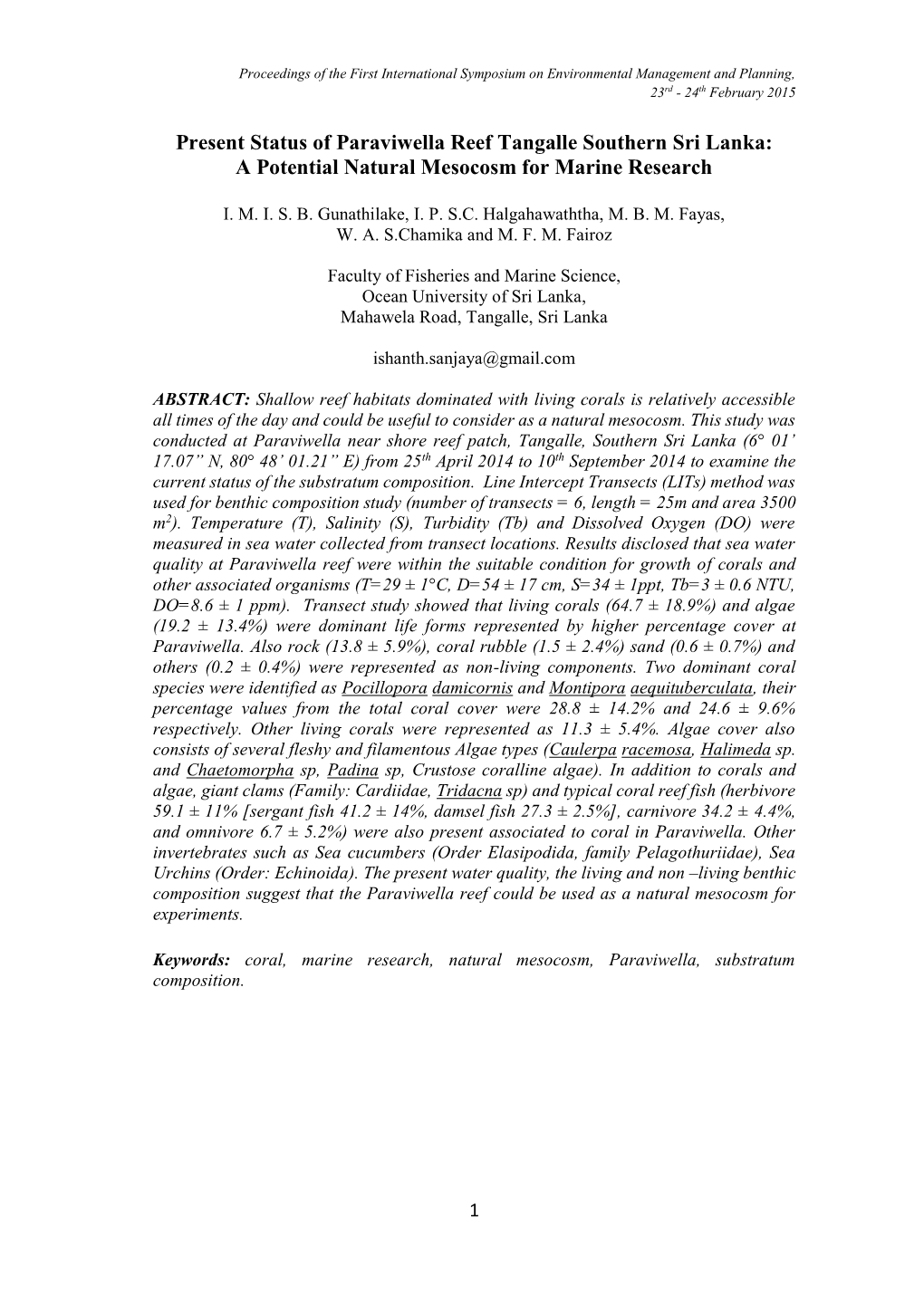 Present Status of Paraviwella Reef Tangalle Southern Sri Lanka: a Potential Natural Mesocosm for Marine Research