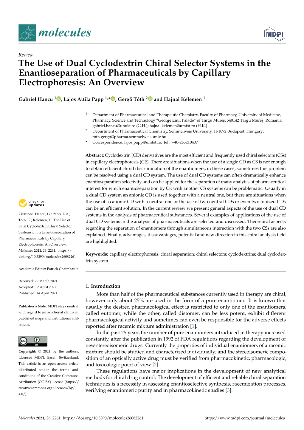 The Use of Dual Cyclodextrin Chiral Selector Systems in the Enantioseparation of Pharmaceuticals by Capillary Electrophoresis: an Overview