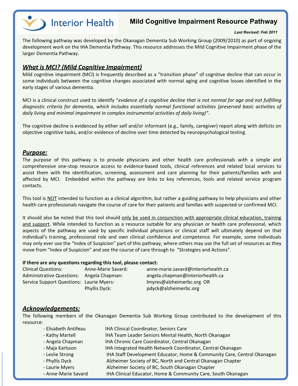 Acknowledgements: Mild Cognitive Impairment Resource Pathway