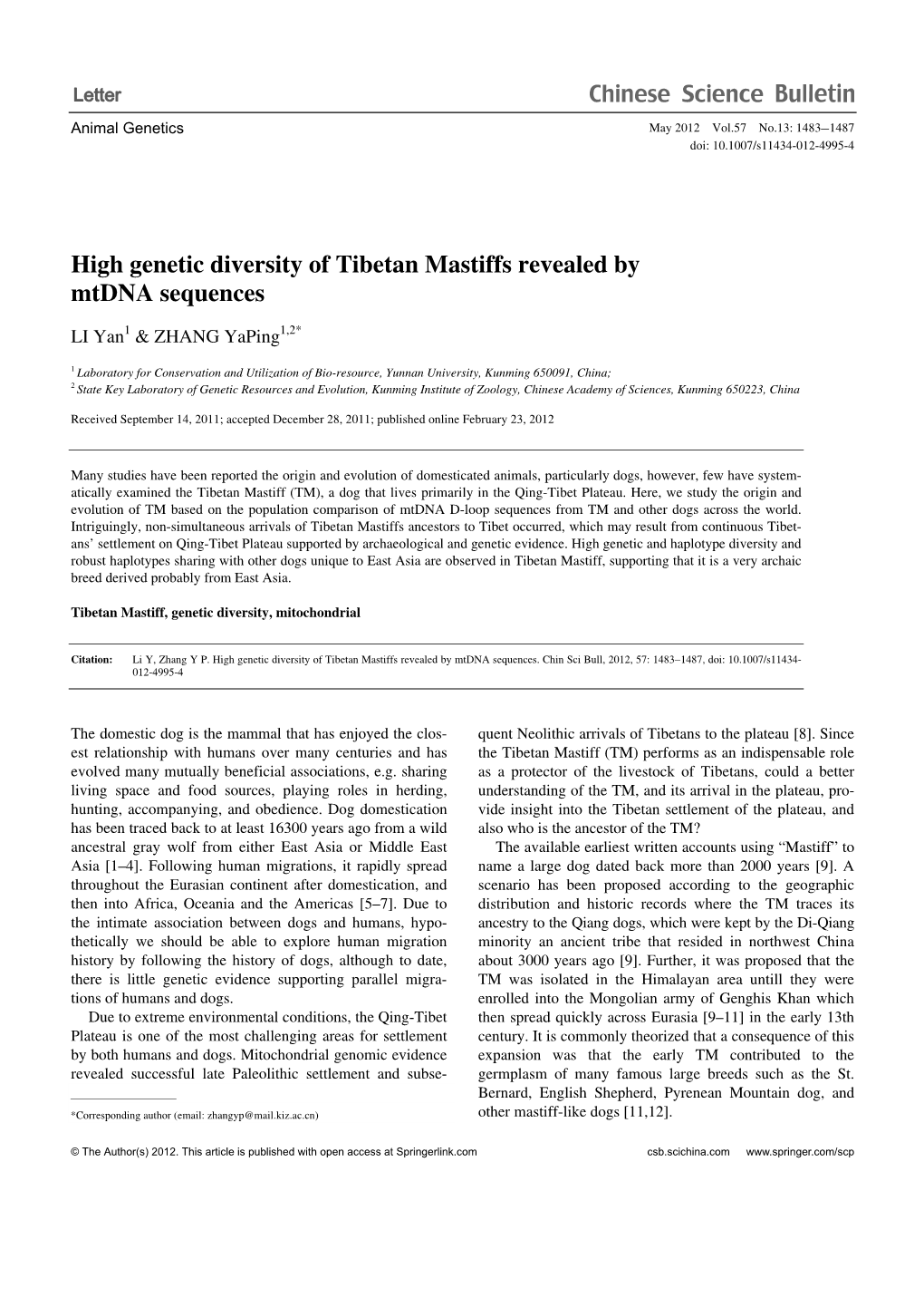 High Genetic Diversity of Tibetan Mastiffs Revealed by Mtdna Sequences