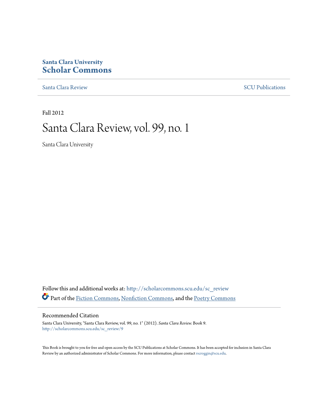 Santa Clara Review, Vol. 99, No. 1 Santa Clara University