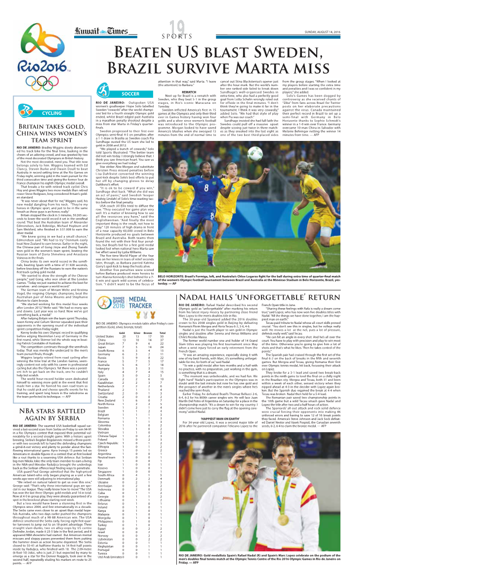 Beaten US Blast Sweden, Brazil Survive Marta Miss