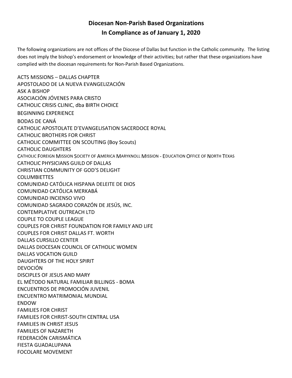 Diocesan Non-Parish Based Organizations in Compliance As of January 1, 2020