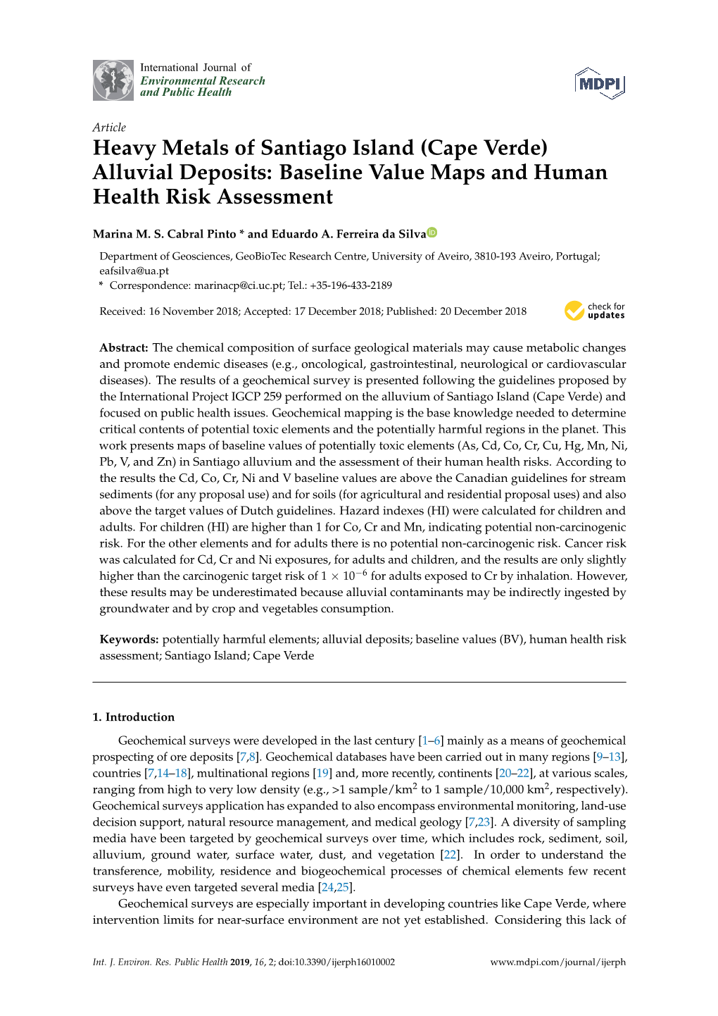 Heavy Metals of Santiago Island (Cape Verde) Alluvial Deposits: Baseline Value Maps and Human Health Risk Assessment