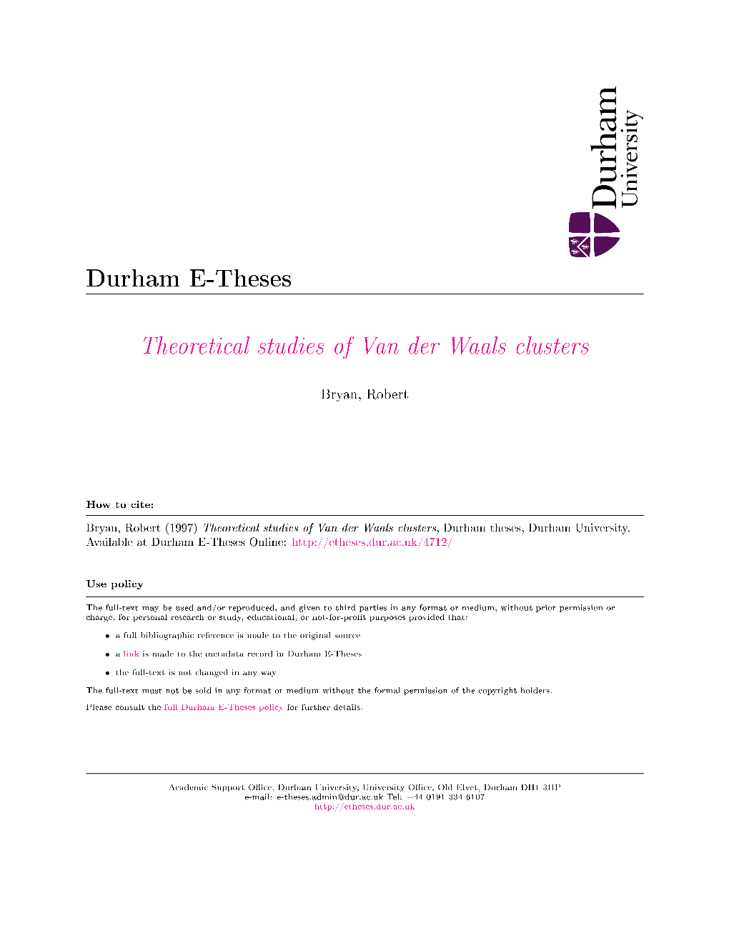 Theoretical Studies of Van Der Waals Clusters