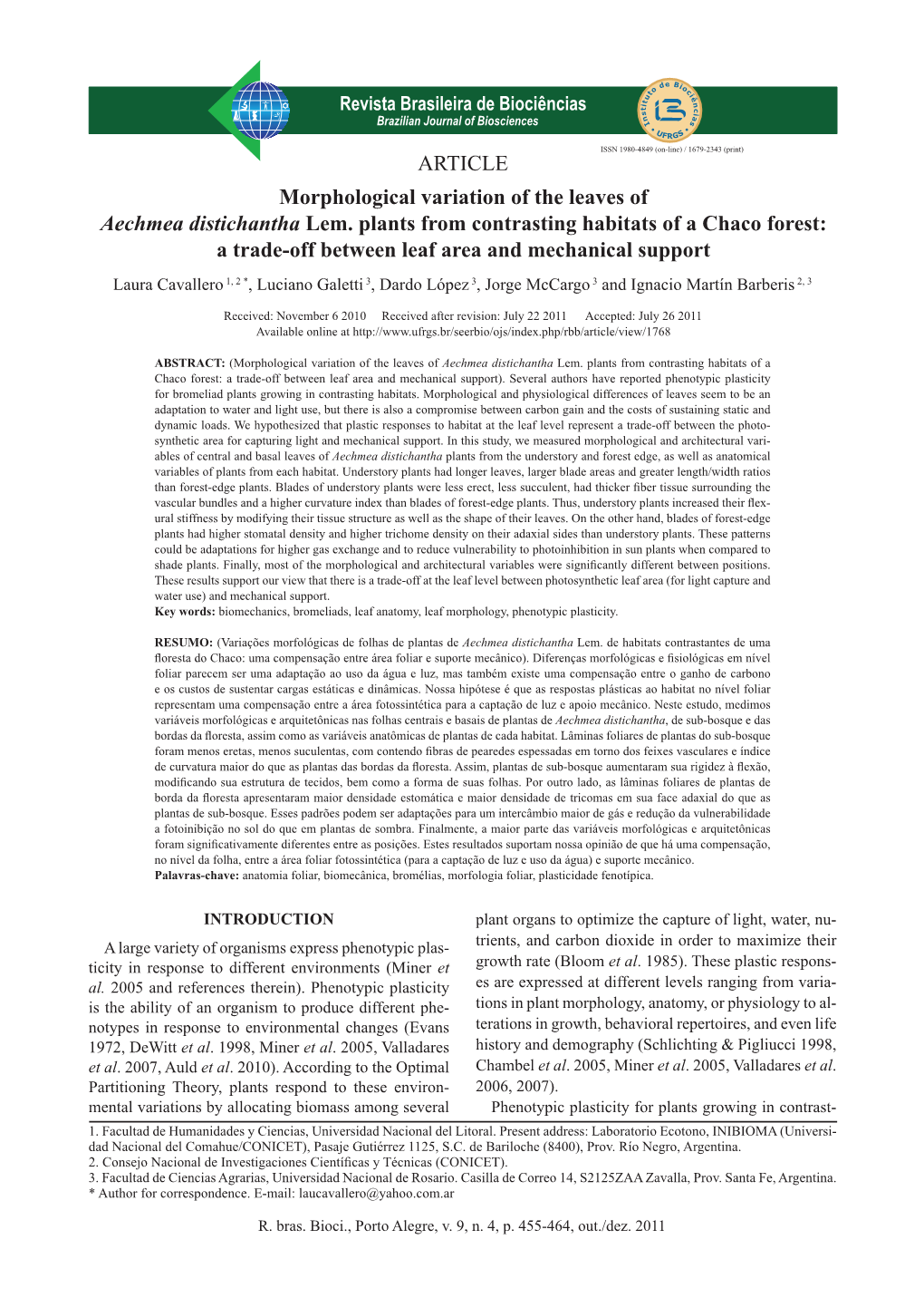 ARTICLE Morphological Variation of the Leaves of Aechmea Distichantha Lem