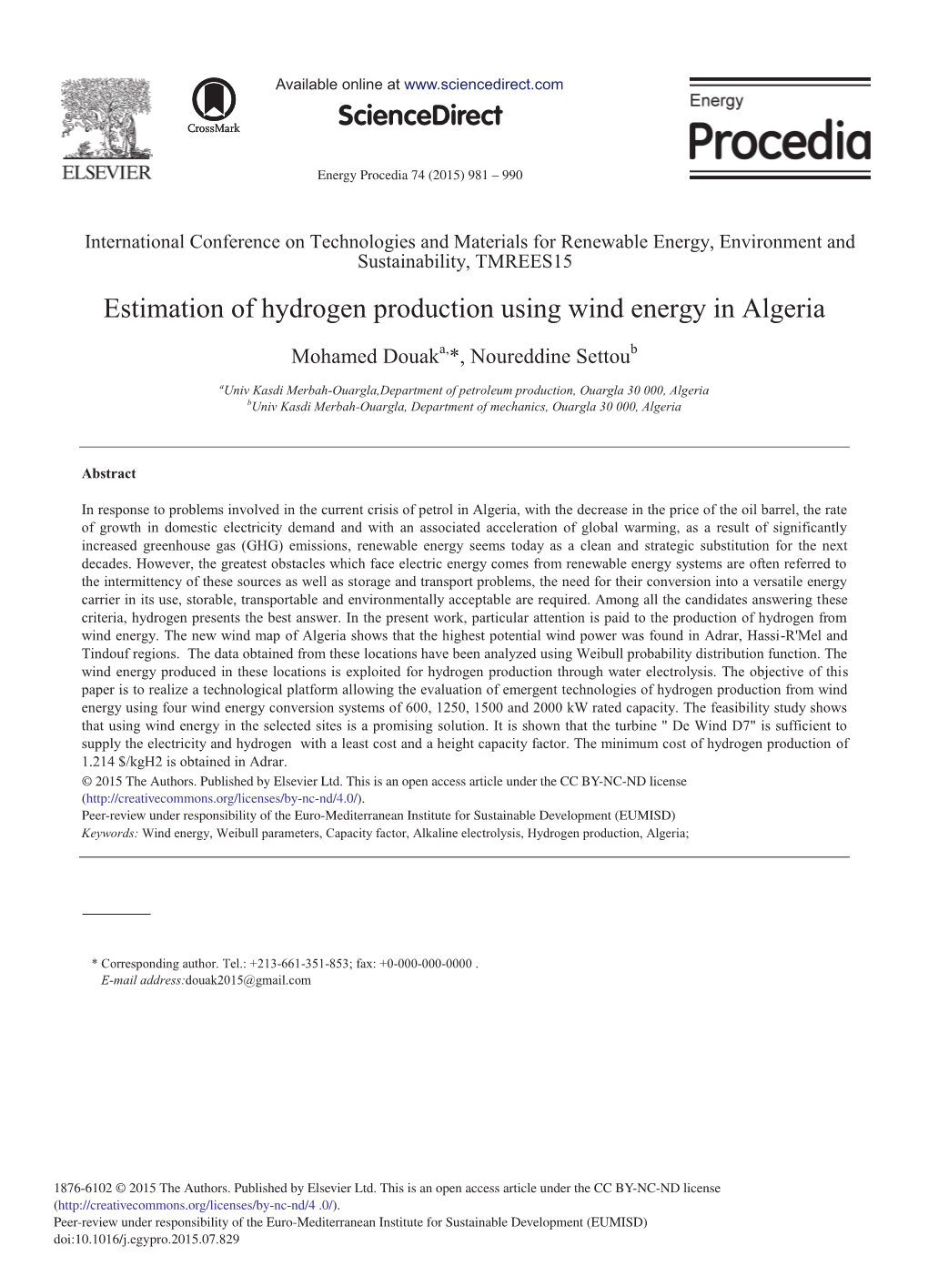 Estimation of Hydrogen Production Using Wind Energy in Algeria