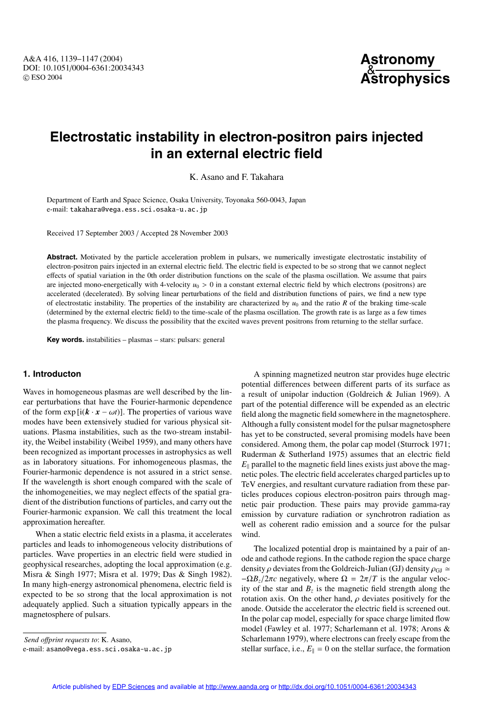 Electrostatic Instability in Electron-Positron Pairs Injected in an External Electric ﬁeld