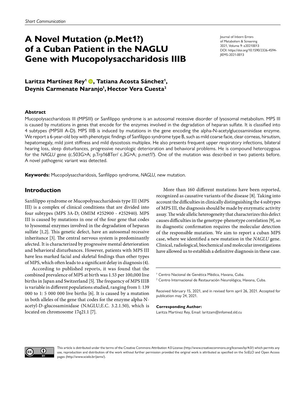 A Novel Mutation (P.Met1?) of a Cuban Patient in the NAGLU Gene