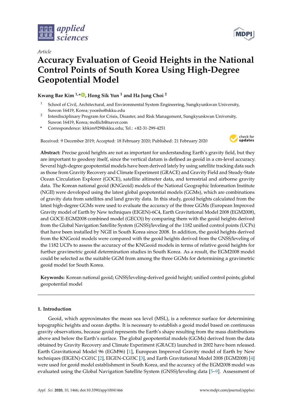 Accuracy Evaluation of Geoid Heights in the National Control Points of South Korea Using High-Degree Geopotential Model