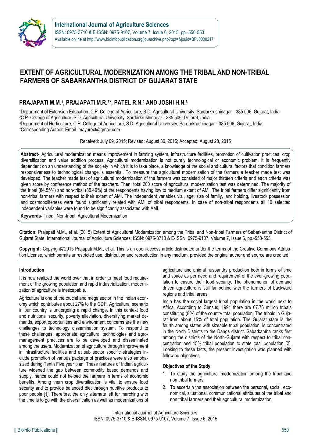 Extent of Agricultural Modernization Among the Tribal and Non-Tribal Farmers of Sabarkantha District of Gujarat State