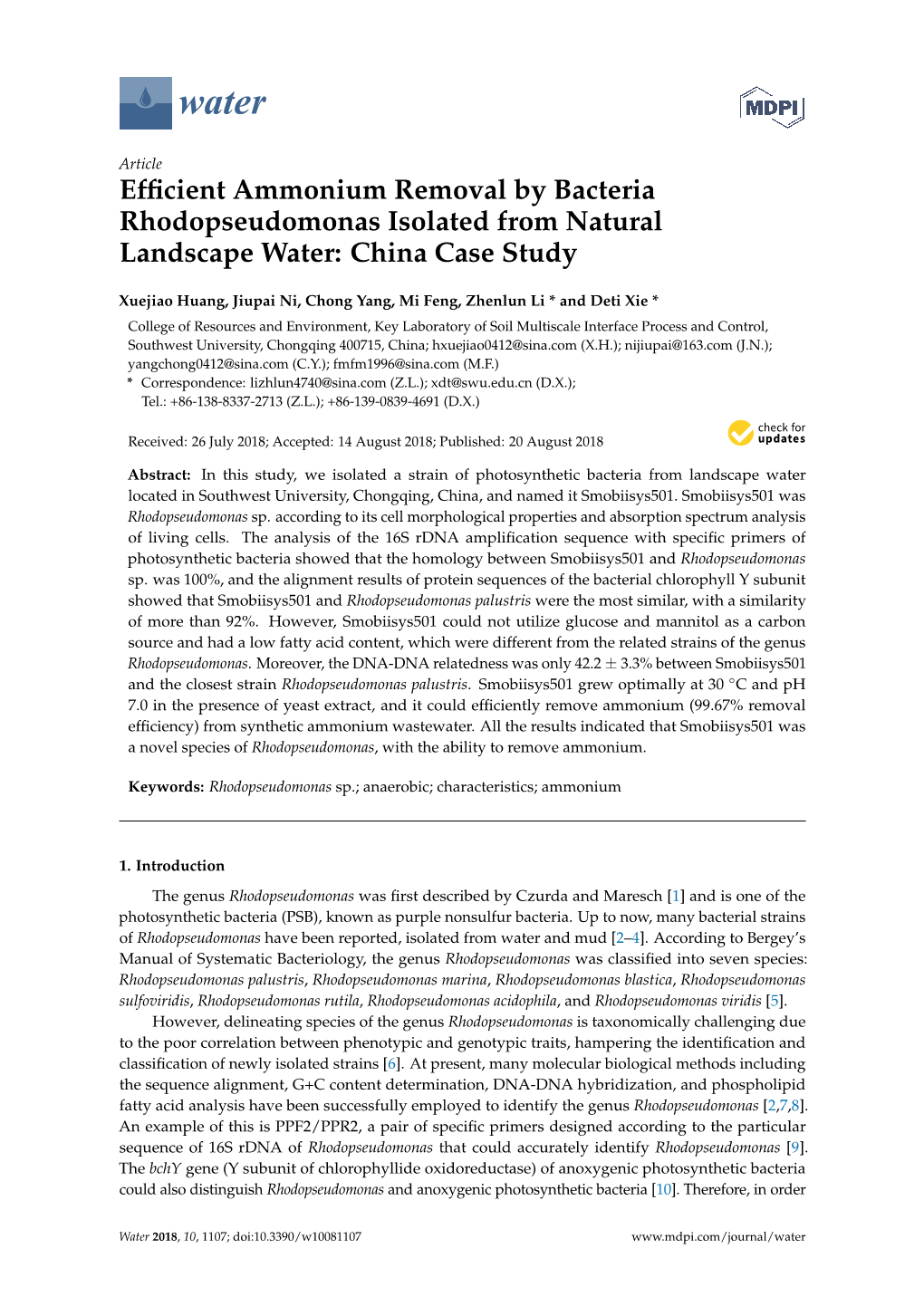 Efficient Ammonium Removal by Bacteria Rhodopseudomonas