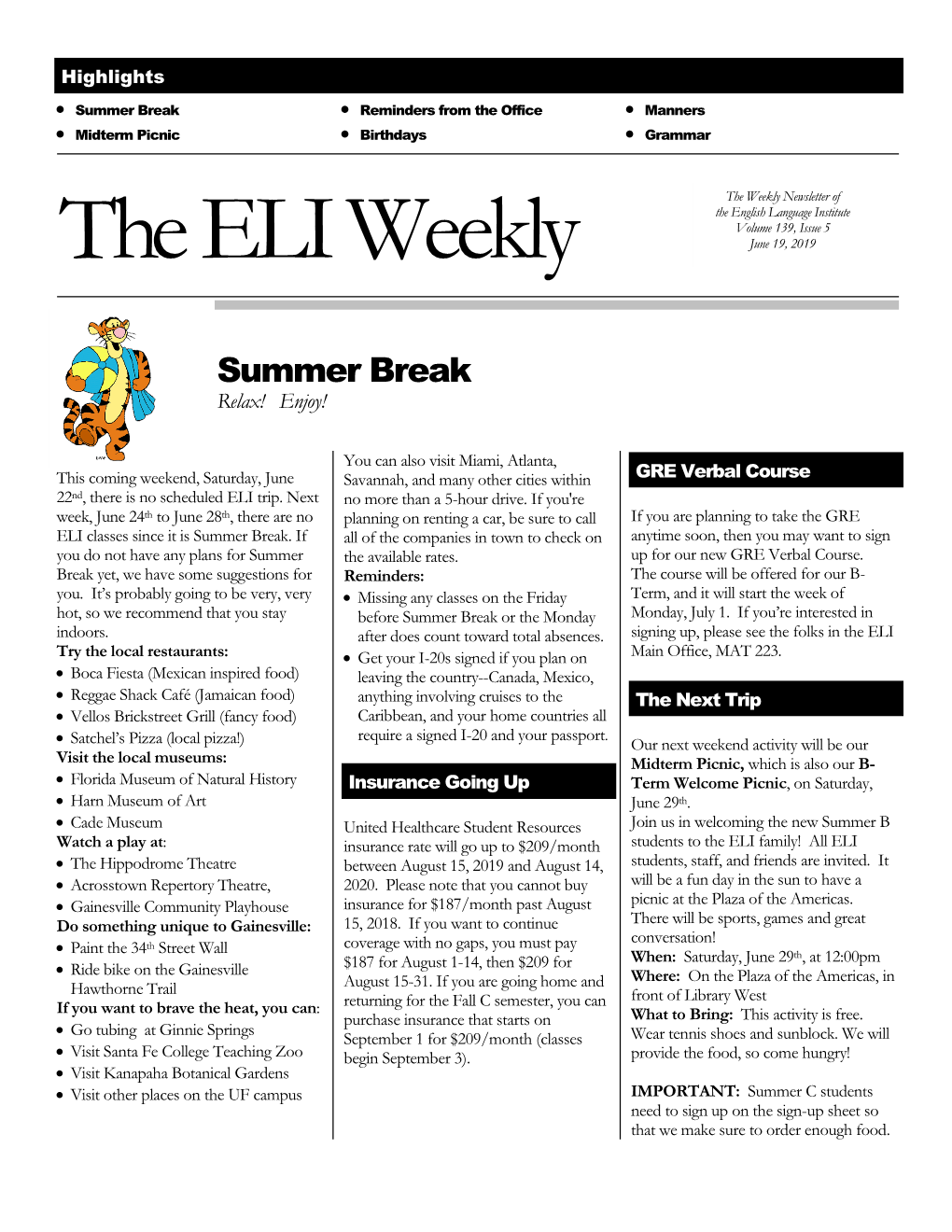 Volume 139, Issue 5 June 19, 2019 the ELI Weekly