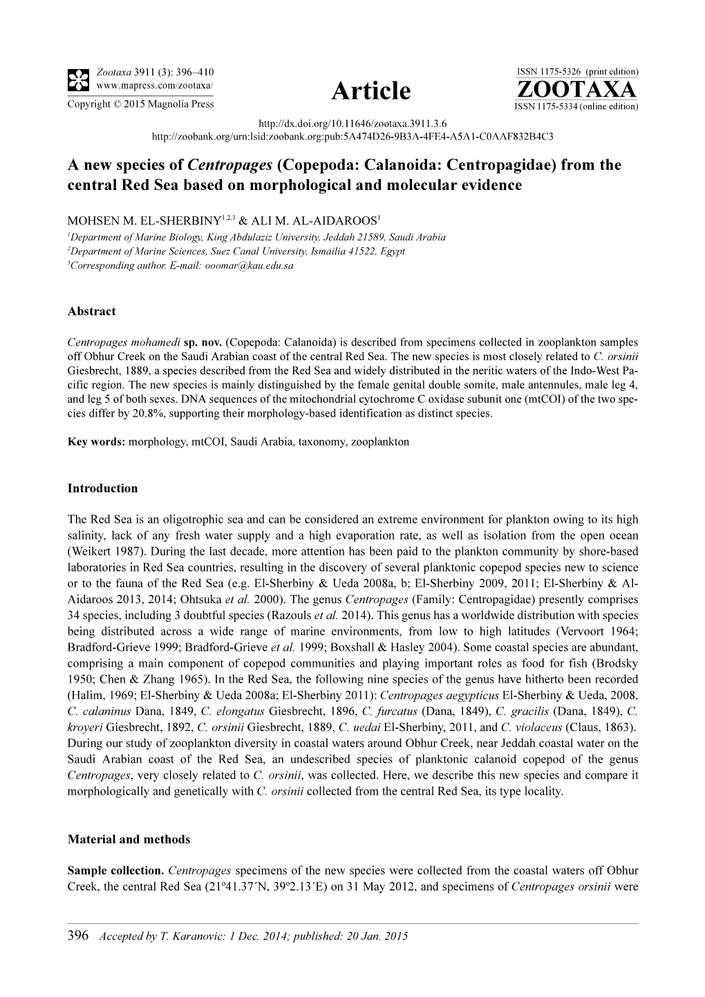 Copepoda: Calanoida: Centropagidae) from the Central Red Sea Based on Morphological and Molecular Evidence