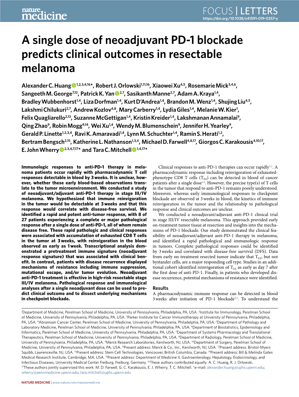 A Single Dose of Neoadjuvant PD-1 Blockade Predicts Clinical Outcomes in Resectable Melanoma