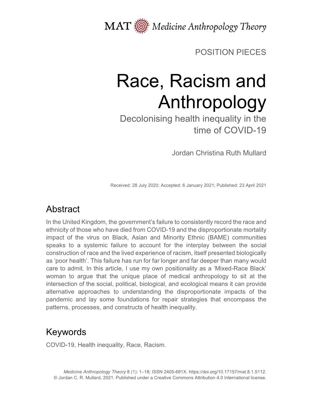 Race, Racism and Anthropology Decolonising Health Inequality in the Time of COVID-19