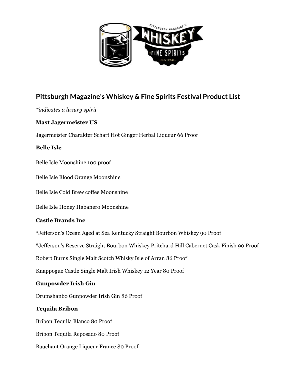 Pittsburgh Magazine's Whiskey & Fine Spirits Festival Product List