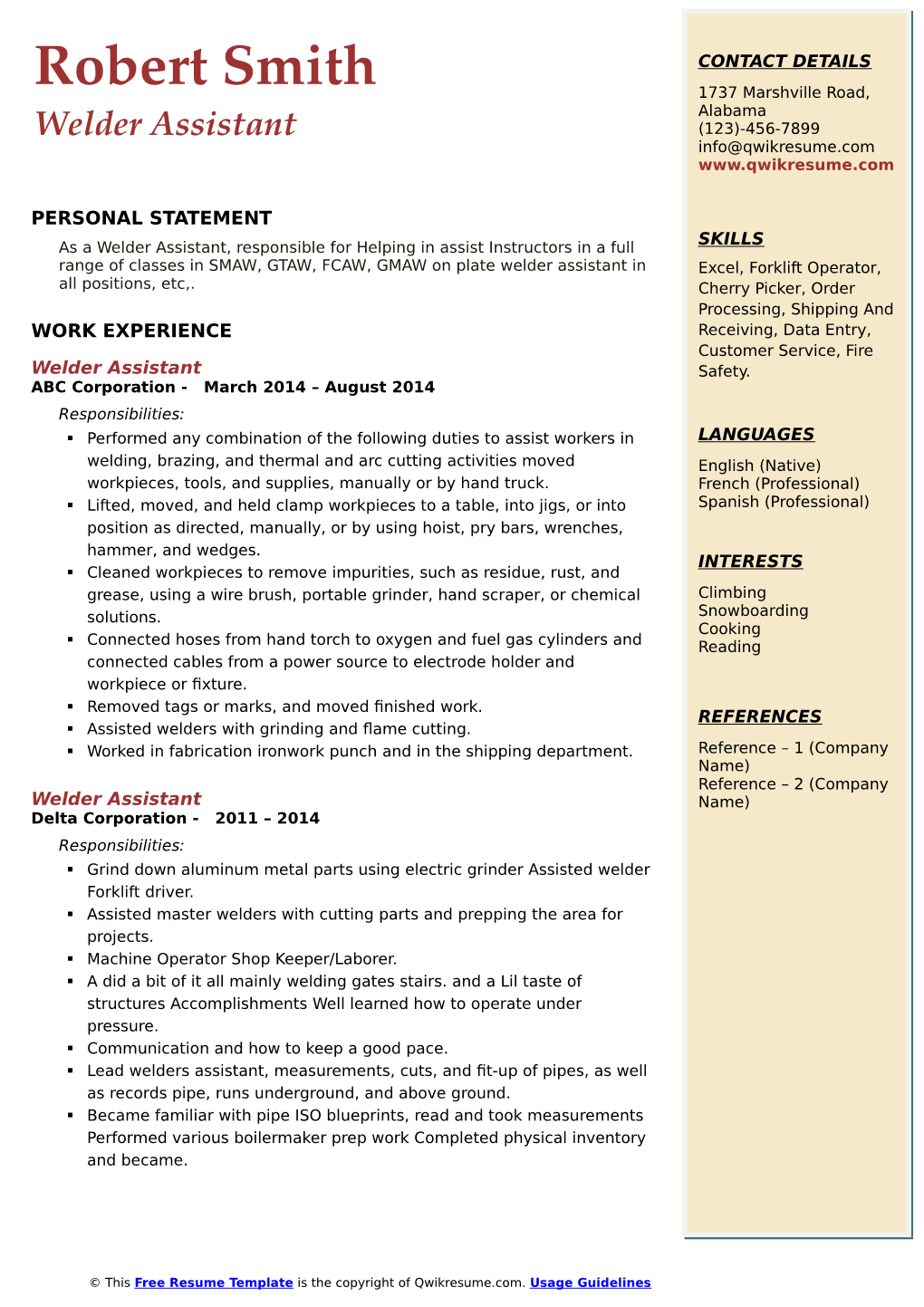 Resume Template Is the Copyright of Qwikresume.Com