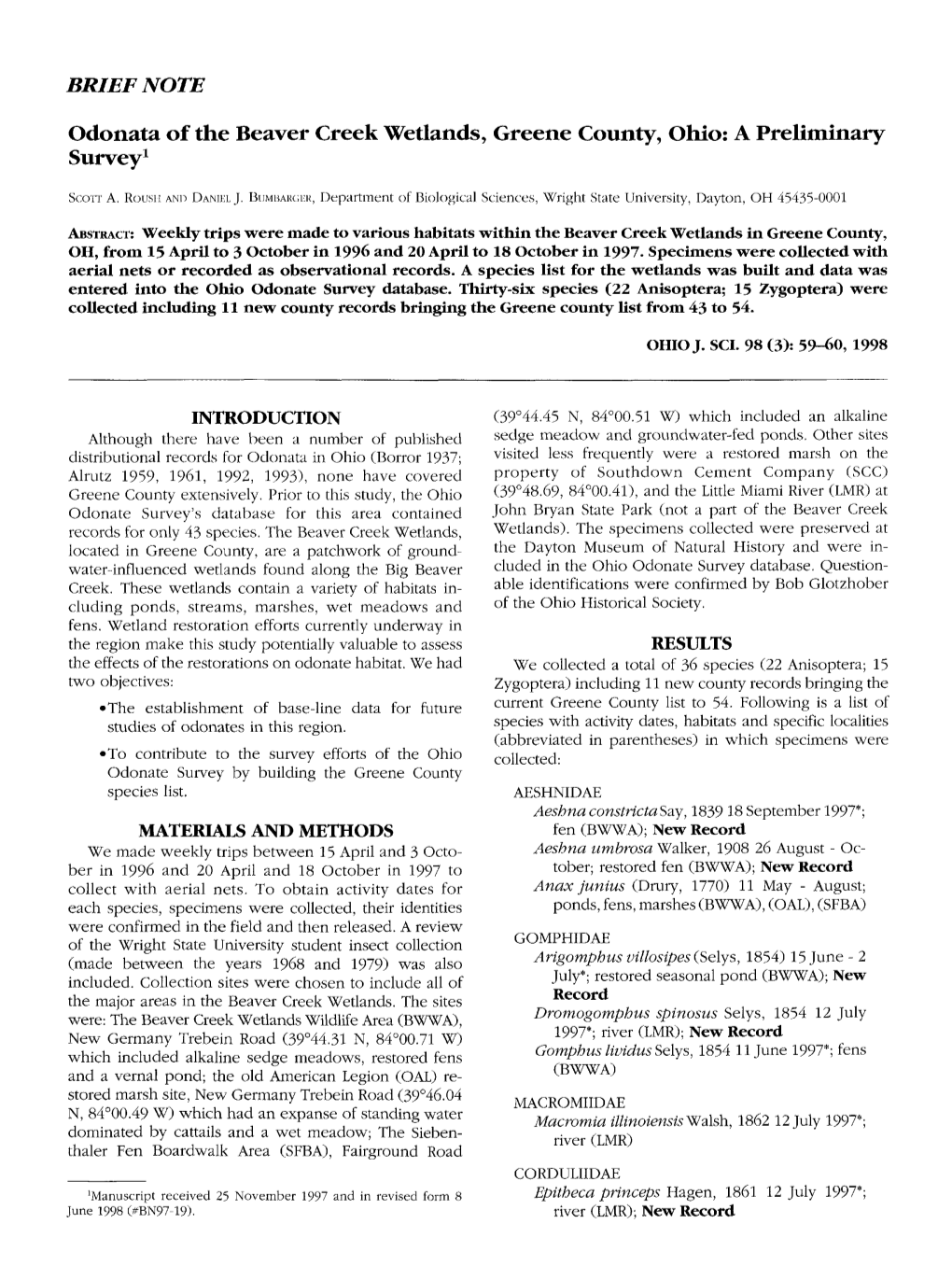 Odonata of the Beaver Creek Wetlands, Greene County, Ohio: a Preliminary Survey1