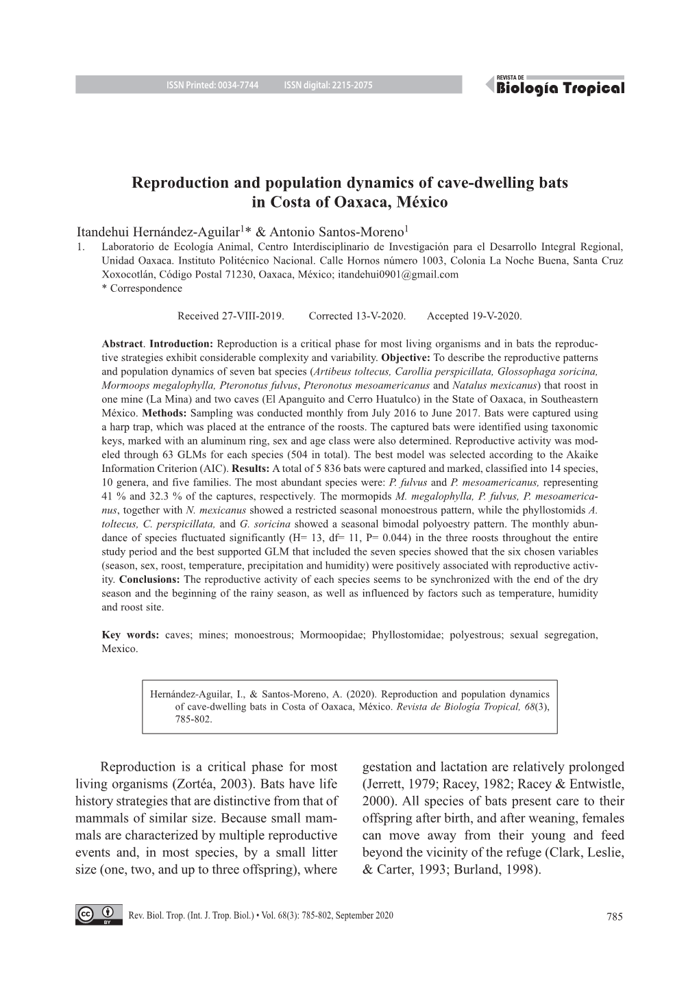 Reproduction and Population Dynamics of Cave-Dwelling Bats in Costa of Oaxaca, México