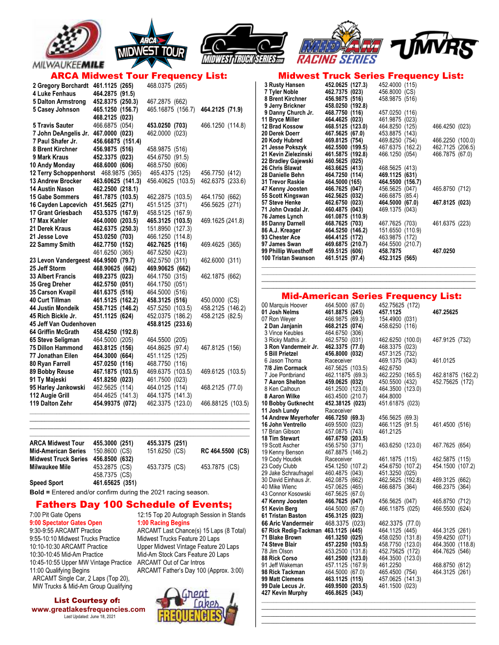 Fathers Day 100 Schedule of Events;