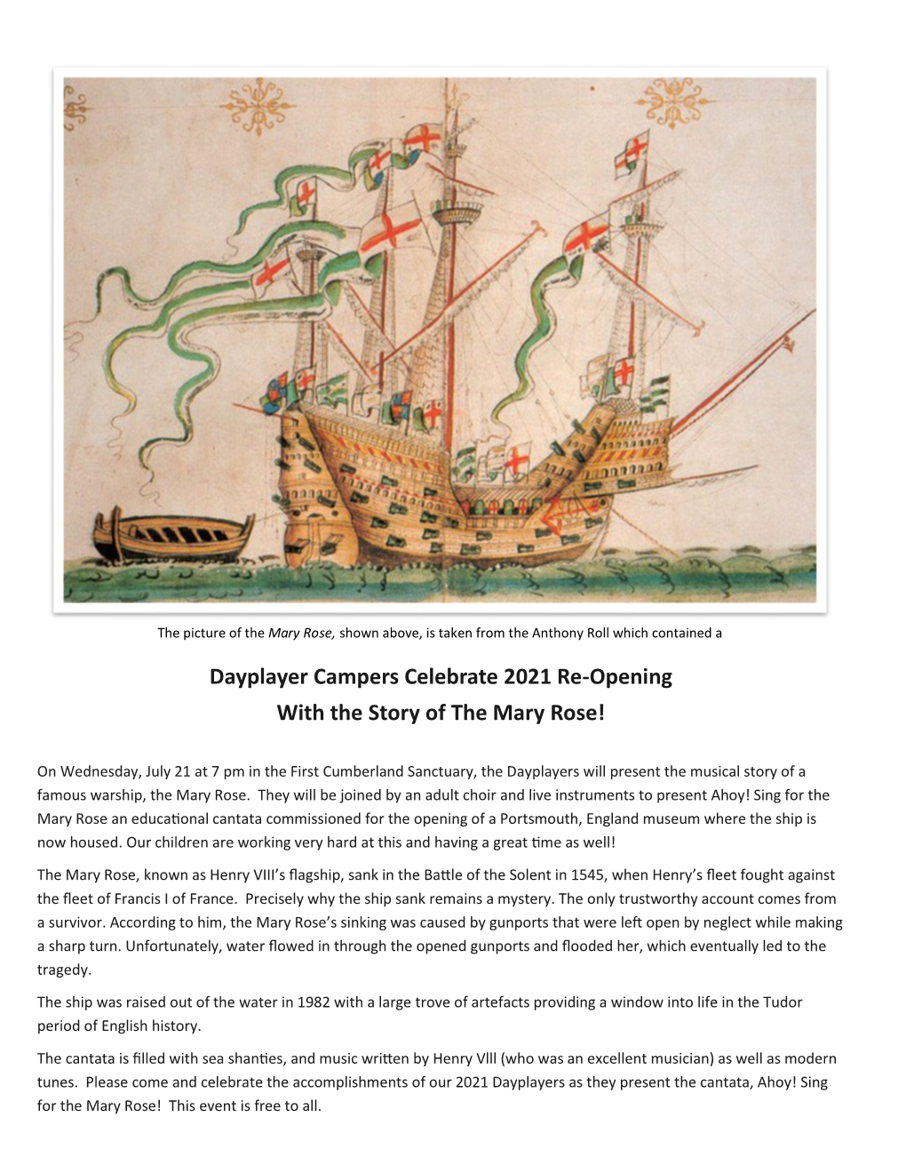 Dayplayer Campers Celebrate 2021 Re-Opening with the Story of the Mary Rose!