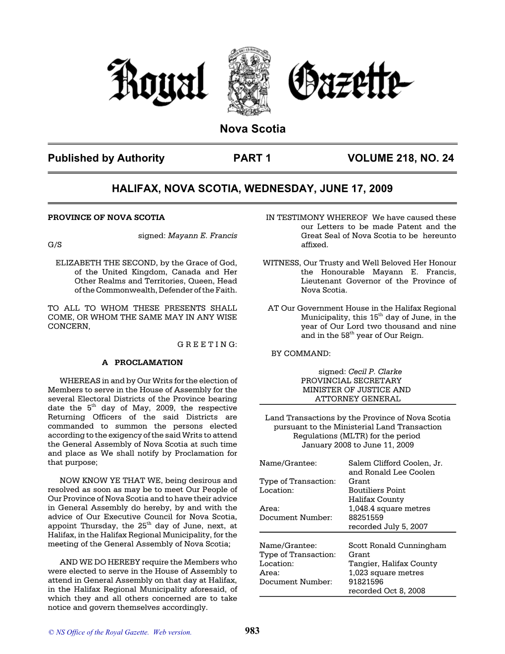 NS Royal Gazette Part I