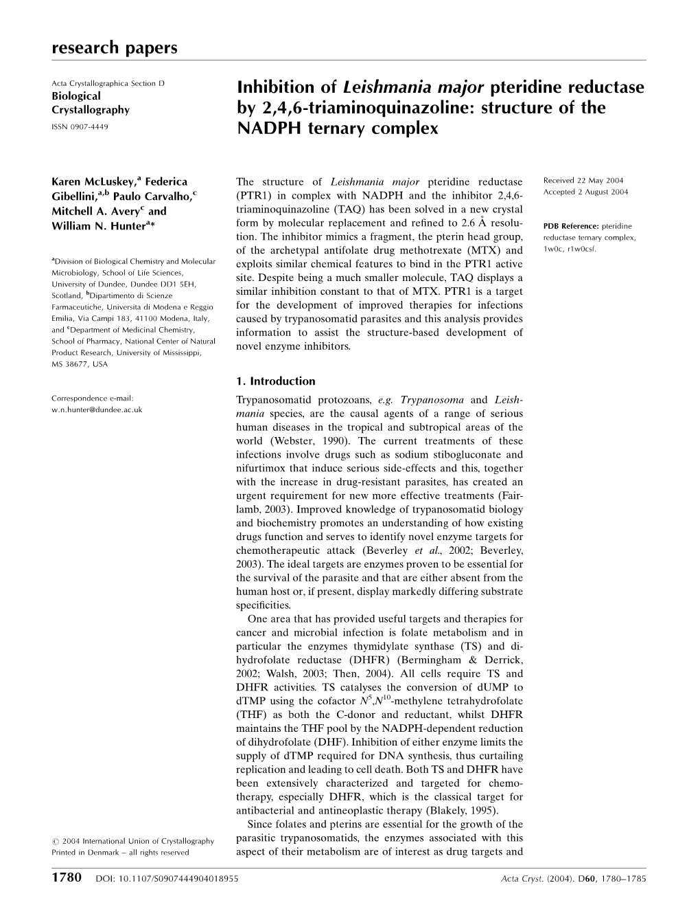 Inhibition of Leishmania Major Pteridine Reductase by 2,4,6