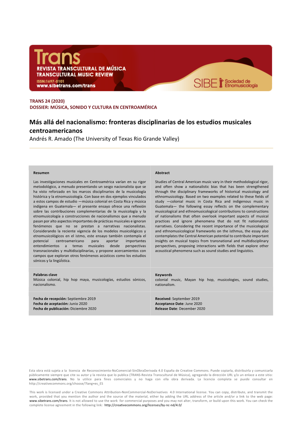 Más Allá Del Nacionalismo: Fronteras Disciplinarias De Los Estudios Musicales Centroamericanos Andrés R