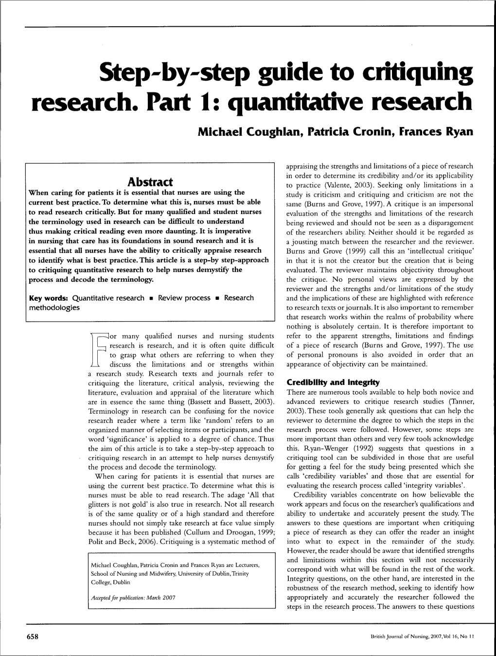 Quantitative Research Michaei Coughian, Patricia Cronin, Frances Ryan