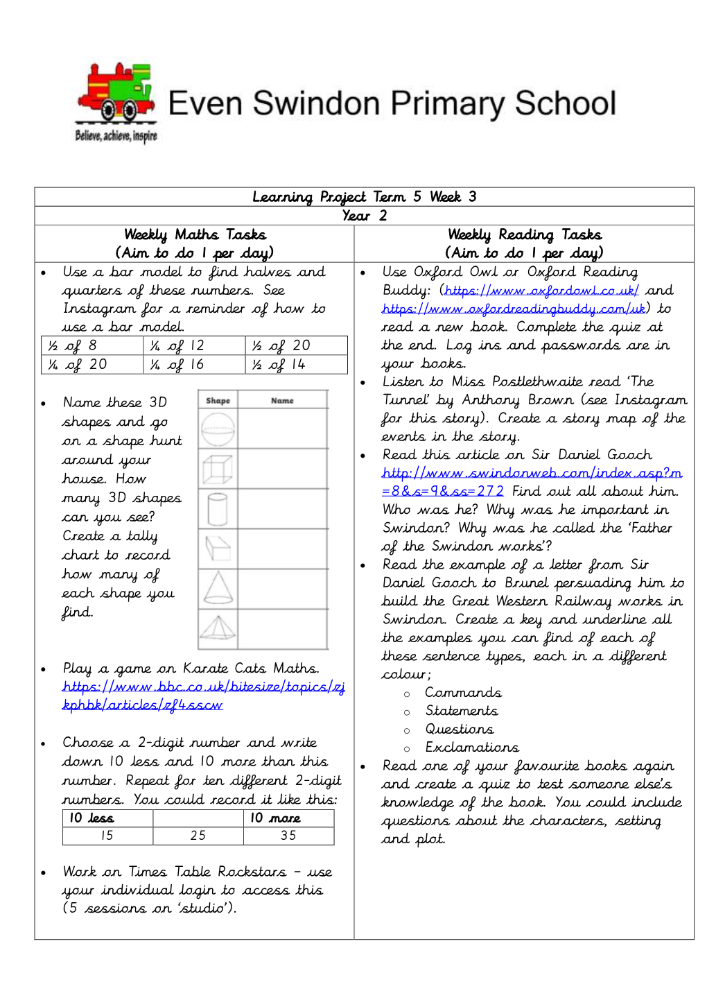 Learning Project Term 5 Week 3 Year 2 Weekly Maths Tasks (Aim to Do 1