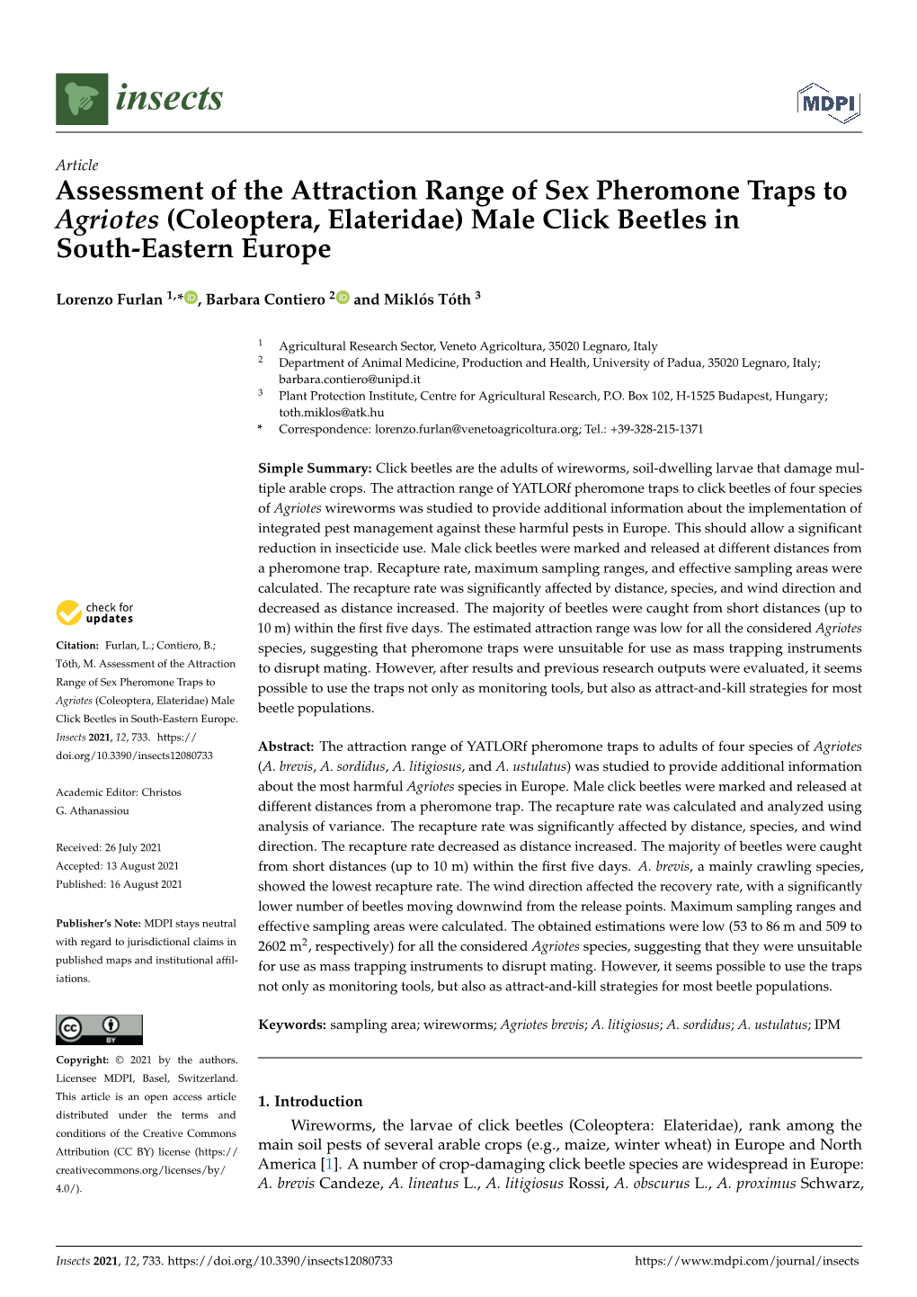 Assessment of the Attraction Range of Sex Pheromone Traps to Agriotes (Coleoptera, Elateridae) Male Click Beetles in South-Eastern Europe