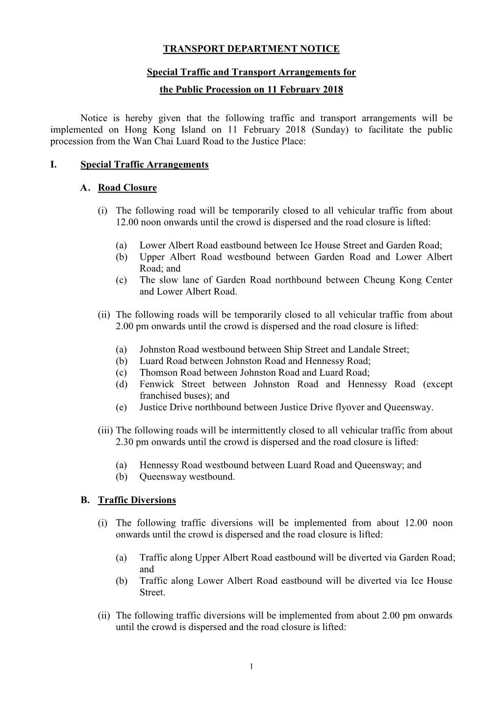 Special Traffic and Transport Arrangements for the Public Procession on 11 February 2018