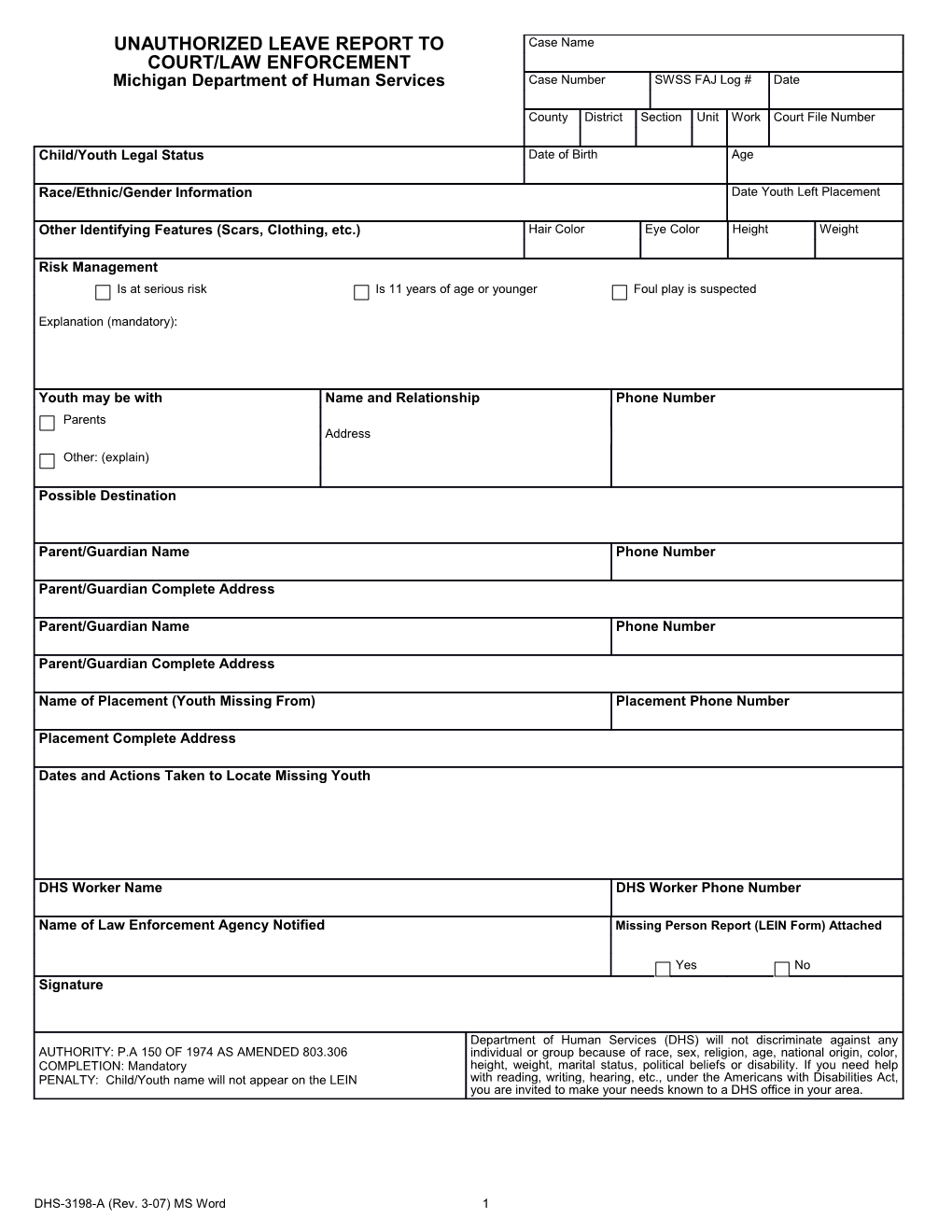 DHS-3198-A, Unauthorized Leave Report to Court/Law Enforcement