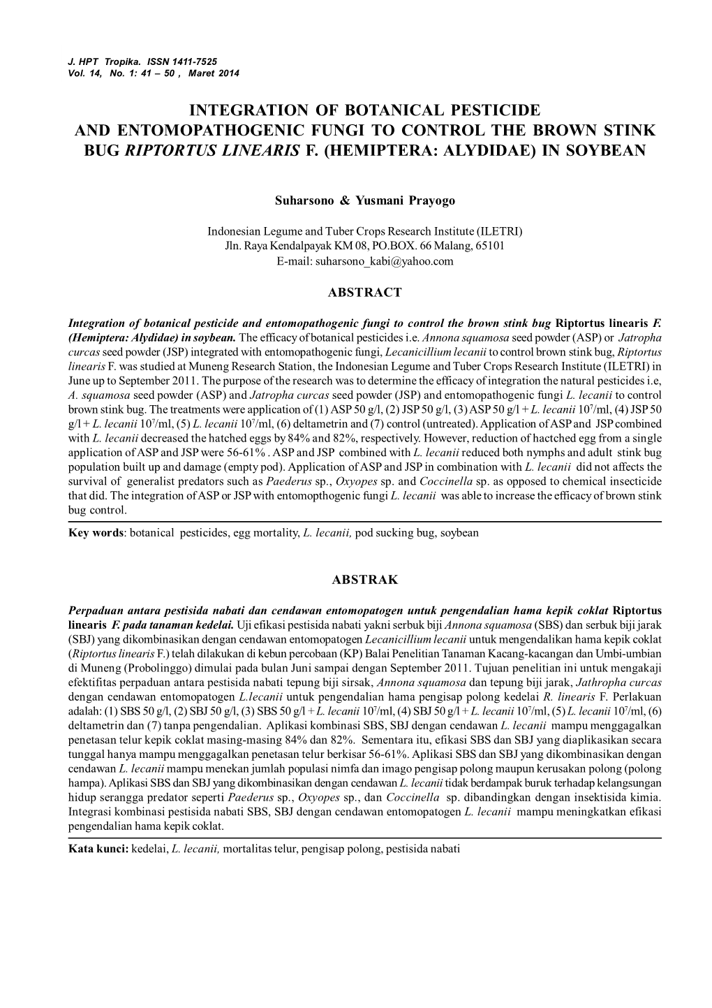 Integration of Botanical Pesticide and Entomopathogenic Fungi to Control the Brown Stink Bug Riptortus Linearis F