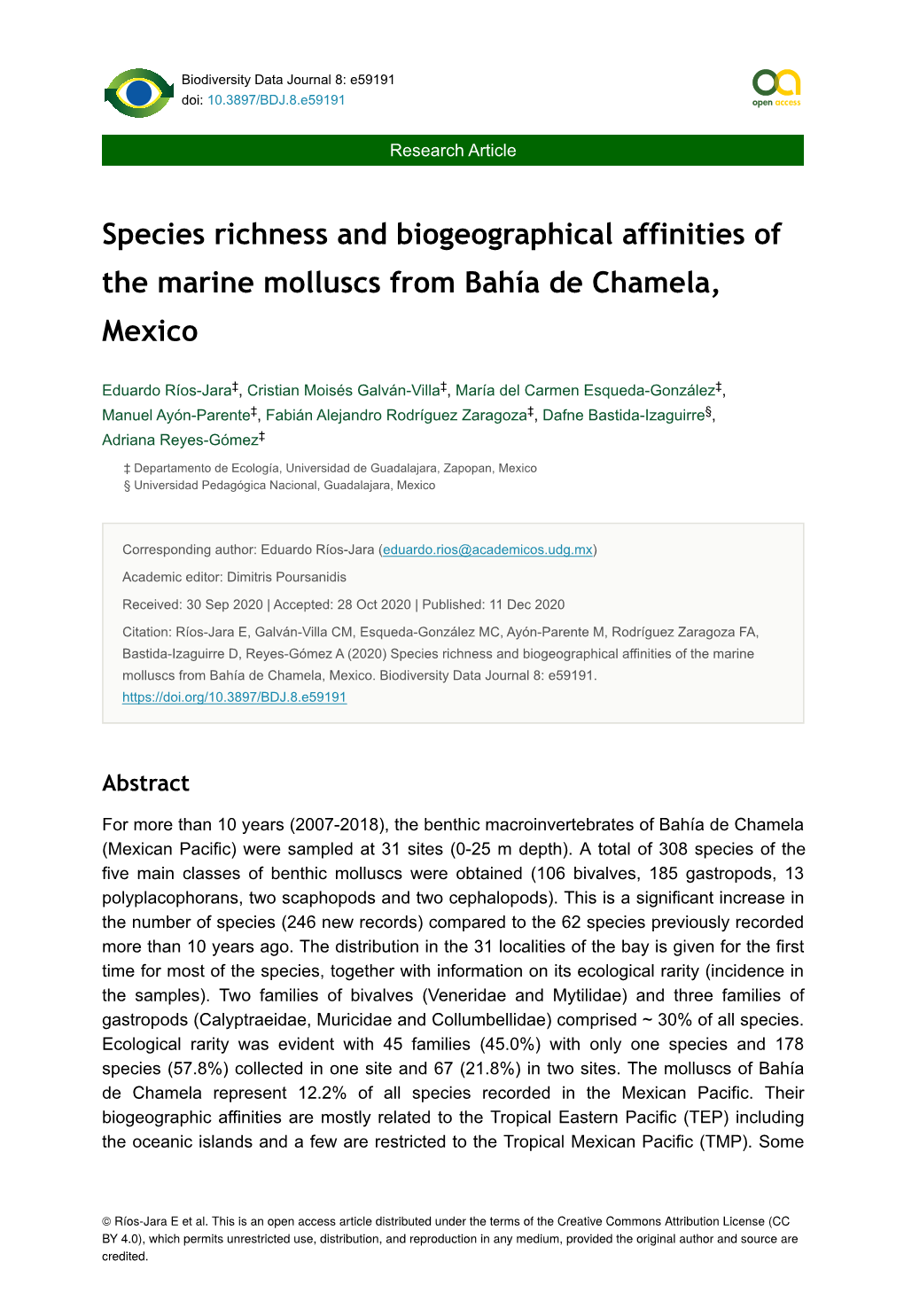 Species Richness and Biogeographical Affinities of the Marine Molluscs from Bahía De Chamela, Mexico