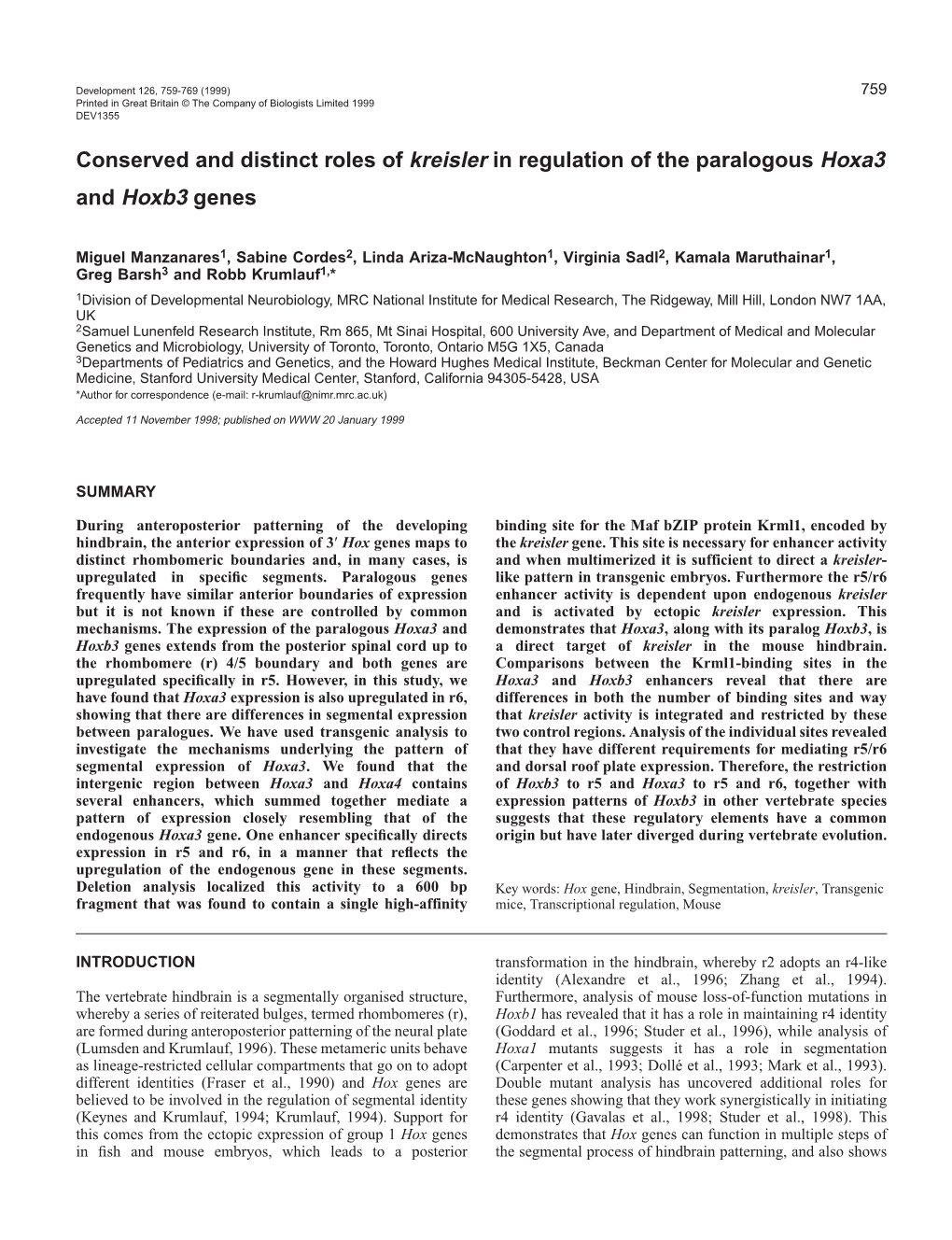 Segmental Regulation of Hoxa3 by Kreisler