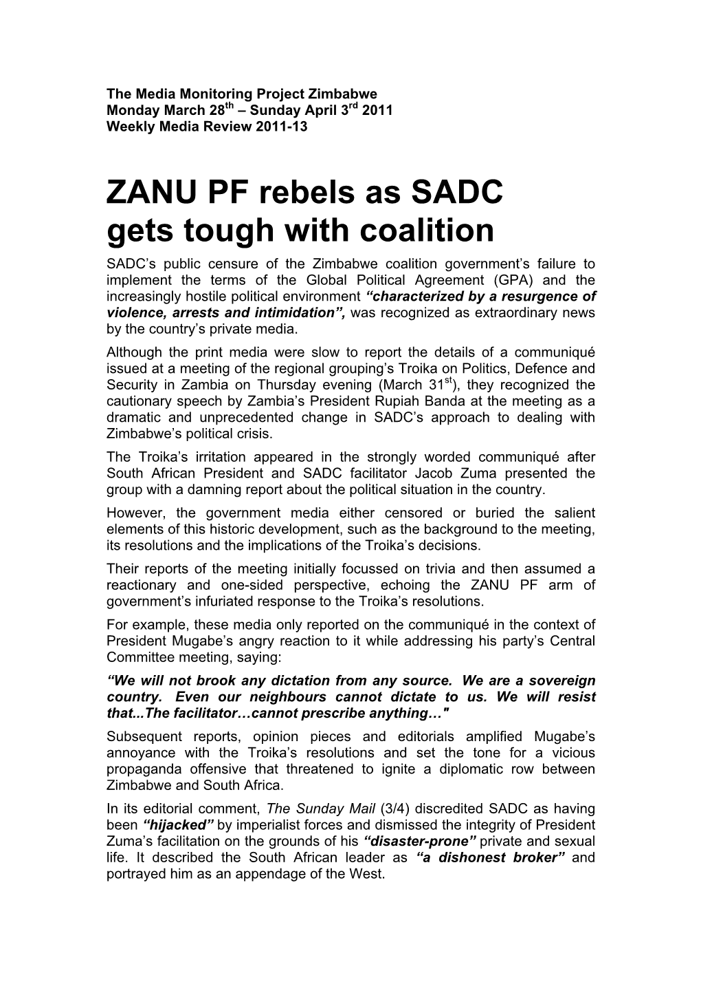 ZANU PF Rebels As SADC Gets Tough with Coalition