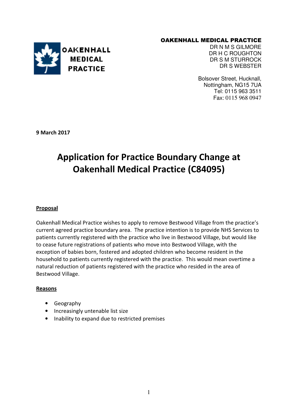 Application for Practice Boundary Change at Oakenhall Medical Practice (C84095)