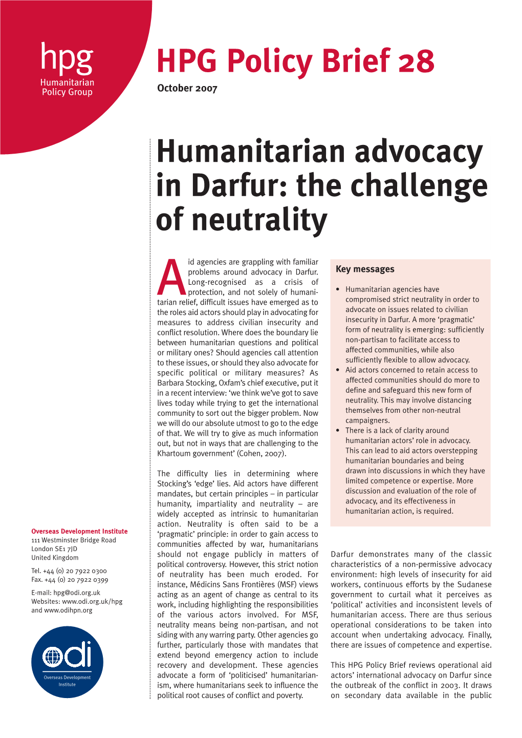 Humanitarian Advocacy in Darfur: the Challenge of Neutrality