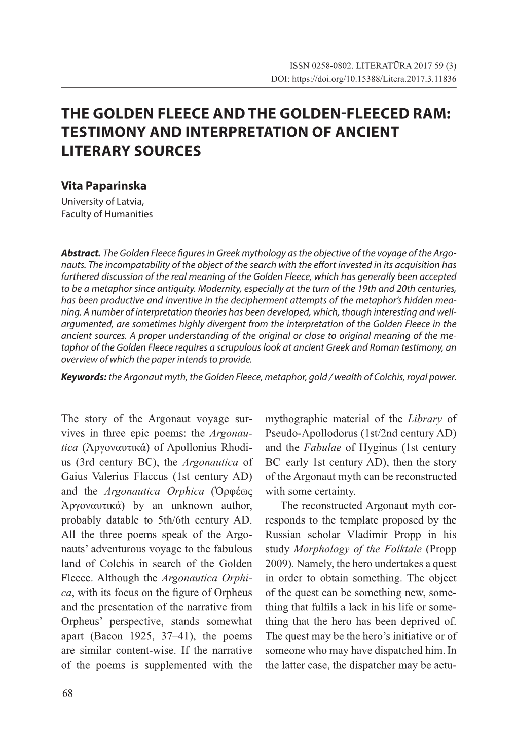 The Golden Fleece and the Golden-Fleeced Ram: Testimony and Interpretation of Ancient Literary Sources