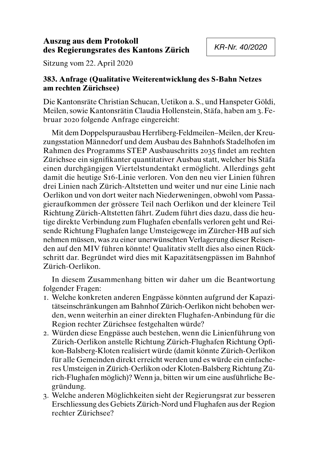 Auszug Aus Dem Protokoll Des Regierungsrates Des Kantons Zürich KR-Nr