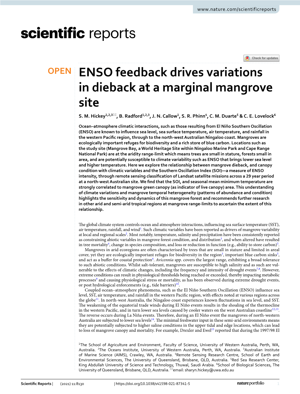 ENSO Feedback Drives Variations in Dieback at a Marginal Mangrove Site S