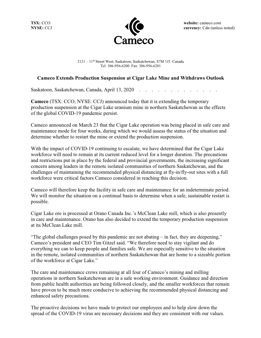 Cameco Extends Production Suspension at Cigar Lake Mine and Withdraws Outlook